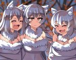  3girls :3 :d ^_^ ^o^ absurdres animal_ears arms_at_sides arms_under_breasts bare_shoulders blurry blurry_background blush breasts cleavage closed_eyes closed_mouth empty_eyes expressionless eyebrows_visible_through_hair fang fur fur_collar grey_hair hair_between_eyes happy highres hinghoi large_breasts laughing long_hair medium_hair meme multiple_girls open_mouth orange_eyes original personification sidelocks smile standing tongue wolf_ears wolf_girl 