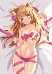 1girl :o absurdres animal_ears bed blonde_hair blue_eyes cat_ears dakimakura hanazono_serena hanazono_serena_(channel) hands_up highres long_hair looking_at_viewer nude open_mouth pink_ribbon ribbon solo the_des_alizes virtual_youtuber white_background 