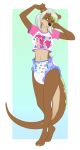  2016 4_toes 5_fingers anthro arm_above_head brown_body brown_fur claws clothing cushies diaper female fingers friendship_is_magic fur hair hi_res lutrine mammal midriff mustelid my_little_pony navel netto_(uk-brony) nycket one_eye_closed pinkie_pie_(mlp) shirt solo standing stretching toe_claws toes topwear 