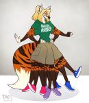  2018 4_arms 9_legs anthro bisexual_pride_colors blonde_hair blue_eyes canid canine dragon eyewear fan_character felid female fox glasses hair hybrid lgbt_pride mammal may_abbagail mimic_dragon multi_arm multi_leg multi_limb novelty_clothing pac pantherine pride_colors simple_background solo tiger 