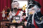  2girls ahoge alt3r azur_lane black_gloves black_skirt blue_eyes breasts coffee coffee_cup coffee_maker_(object) cookie cup disposable_cup eating english_commentary flower food garter_straps gloves grey_hair hair_over_one_eye hairband hat highres indoors iron_cross looking_at_viewer mainz_(azur_lane) medium_breasts military_hat multicolored_hair multiple_girls odin_(azur_lane) one_eye_closed pastry peaked_cap plant pleated_skirt potted_plant red_curtains red_hair silver_hair sitting skirt streaked_hair sweets table window 