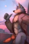  2020 2:3 anthro balls bodily_fluids brand_new_animal canid canine canis clothing genital_fluids genitals hi_res knot male mammal monkeyspirit nipples penis precum shirou_ogami solo studio_trigger wolf 