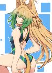  1girl ahoge animal_ear_fluff animal_ears ass atalanta_(fate) backless_outfit bare_shoulders between_legs blonde_hair blush breasts cat_ears cat_tail fate/apocrypha fate/grand_order fate_(series) from_behind golden_apple green_eyes green_hair long_hair looking_at_viewer looking_back medium_breasts multicolored_hair nahu one-piece_swimsuit solo swimsuit tail 