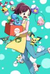  1girl apron azurill bangs blue_pants box brown_eyes brown_hair budew casteliacone chingling cleffa commentary_request deerakakikaki dreepy drifloon food_on_clothes gen_2_pokemon gen_3_pokemon gen_4_pokemon gen_5_pokemon gen_8_pokemon green_background hair_ornament hair_tie hairclip holding holding_box igglybuff looking_back nursery_aide_(pokemon) open_mouth pants pichu pink_shirt poke_ball poke_ball_(basic) poke_ball_print pokemon pokemon_(creature) pokemon_(game) pokemon_bw pokemon_on_leg ponytail shirt snom solosis tied_hair togepi tongue yellow_apron 