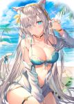  1girl absurdres anastasia_(fate/grand_order) animal_ears aqua_bikini bangs bare_shoulders beach bikini blue_eyes blush breasts cat_ears cat_tail cleavage collarbone day detexted fate/grand_order fate_(series) hairband highres huge_filesize jacket large_breasts long_hair long_sleeves looking_at_viewer non-web_source off_shoulder open_clothes open_jacket open_mouth rin_yuu scan silver_hair solo swimsuit tail third-party_edit 