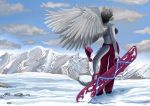  absurd_res alexandradane anthro bottomwear clothing female hi_res mountain pants red_clothing snow snowboard snowboarding wings 