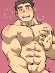  1boy abs bara blush breath brown_hair chest highres implied_masturbation kirupi looking_at_another looking_at_viewer male_focus male_masturbation master_3_(tokyo_houkago_summoners) masturbation muscle navel nipples open_mouth pectorals simple_background solo sweat thick_eyebrows tokyo_houkago_summoners upper_body 
