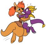  2018 activision claws clothed clothing diaper dragon duo embrace female furgonomics green_eyes hair horn hug kangaroo looking_at_another macropod male mammal marsupial purple_body purple_eyes purple_skin red_hair rogeykun scalie sheila_(spyro) simple_background spyro spyro_reignited_trilogy spyro_the_dragon video_games western_dragon white_background wings young 