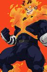  bara beard bodysuit boku_no_hero_academia bulge chest covered_abs facial_hair fire gloves highres kirupi looking_at_viewer male_focus manly muscle mustache orange_background pectorals red_hair smile spiked_hair superhero thick_thighs thighs todoroki_enji vambraces 