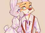  2020 anthro blush canid canine clothed clothing disney duo female fox fully_clothed fur green_eyes grey_body grey_fur judy_hopps lagomorph leporid male mammal nick_wilde orange_body orange_fur painting_(artwork) purple_eyes rabbit red_fox simple_background strawberry628_(artist) tan_background traditional_media_(artwork) watercolor_(artwork) whispering zootopia 