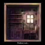  book bookshelf cabinet chair desk english_text highres indoors jar michihisa! monochrome no_humans original photo_(object) picture_frame room silk spider_web star_(symbol) treasure_chest tree window 