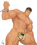  1boy abs bara black_hair censored chest closed_mouth cuffs facial_hair gomtang handcuffs male_focus male_pubic_hair muscle navel nude pectorals pubic_hair shiny shiny_skin signature solo stubble thick_thighs thighs tokyo_houkago_summoners upper_body yellow_eyes zabaniya_(tokyo_houkago_summoners) 
