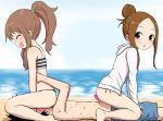  1boy 2girls :d blush brown_eyes brown_hair buttjob camisole censored closed_eyes day femdom ffm_threesome girl_on_top group_sex hair_bun heart heart_censor highres hood hoodie karakai_jouzu_no_takagi-san multiple_girls nishikata ocean open_mouth outdoors penis ponytail shishi_otome sitting sitting_on_face sitting_on_person smile straddling striped takagawa_sumire takagi-san threesome 