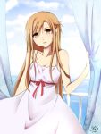  1girl 2017 asuna_(sao) bangs blonde_hair braid breasts brown_eyes cleavage collarbone crown_braid curtains dated dress hair_between_eyes head_tilt kiatsu long_hair looking_at_viewer open_mouth red_ribbon rei_no_himo ribbon shiny shiny_hair sleeveless sleeveless_dress small_breasts solo standing sundress sword_art_online very_long_hair white_dress 