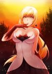  1girl bangs black_gloves black_ribbon blonde_hair breasts cleavage dress dusk elbow_gloves eyebrows_visible_through_hair floating_hair gloves gradient_sky hair_ribbon highres kiss-shot_acerola-orion_heart-under-blade large_breasts long_hair looking_at_viewer monogatari_(series) myudon18 orange_sky outdoors pointy_ears ponytail ribbon sky sleeveless sleeveless_dress solo standing strapless strapless_dress very_long_hair yellow_eyes 