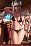  big_breasts big_butt bikini breasts butt cleavage clothed clothing demon female hair helltaker hi_res horn horned_humanoid humanoid looking_at_viewer lucifer_(helltaker) luminyu not_furry one-piece_swimsuit red_eyes solo_focus swimwear text url white_hair wide_hips 