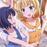  2girls :d ahoge arm_grab blonde_hair blue_eyes blue_hair blurry blurry_background blush casual eye_contact fang gochuumon_wa_usagi_desu_ka? index_finger_raised jouga_maya kirima_sharo looking_at_another medium_hair multiple_girls open_mouth outdoors shiny shiny_hair shirt short_hair short_sleeves smile suspenders tsuchinokokyumu twitter_username upper_body watermark white_shirt yellow_eyes 