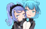  2girls aoi_tsunami bangs black_gloves black_hairband blue_background blue_eyes blue_hair commentary_request covered_mouth eyebrows_visible_through_hair frilled_hairband frills gloves hairband high_collar high_ponytail jacket long_hair long_sleeves looking_at_viewer multiple_girls open_mouth original pointy_ears ponytail purple_eyes purple_hair simple_background sweat upper_body white_jacket 