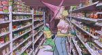  1boy 1girl backwards_hat brand_name_imitation denim english_commentary hat highres javi_draws jeans lizard original pants pink_hair pink_shirt pointy_ears shirt shopping short_hair supermarket witch witch_hat 