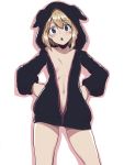  1girl alternate_costume ass_visible_through_thighs blonde_hair blue_eyes blush breasts contrapposto erica_hartmann hands_on_hips hood hoodie liar_lawyer looking_at_viewer naked_hoodie navel small_breasts solo strike_witches unzipped white_background world_witches_series 