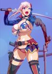  1girl :d absurdres american_flag_bikini american_flag_legwear asymmetrical_hair bangs bikini black_choker blue_background blue_eyes breasts bun_cover choker eyebrows_visible_through_hair fate/grand_order fate_(series) flag_print front-tie_bikini front-tie_top gunblade half-skirt highres large_breasts lens_flare long_hair long_sleeves looking_at_viewer makoto_osamu miyamoto_musashi_(fate/grand_order) miyamoto_musashi_(swimsuit_berserker)_(fate) multi-strapped_bikini navel open_mouth pink_hair sheath shrug_(clothing) simple_background skindentation smile solo stomach sweat swept_bangs swimsuit thigh_strap thighhighs trigger_discipline underboob weapon 