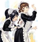  2girls apron arms_up bangs black_dress black_hair blue_eyes braid brown_eyes brown_hair collared_dress dress frilled_apron frills highres long_hair maid maid_apron maid_headdress multiple_girls open_mouth original ponytail umishima_senbon upper_body 