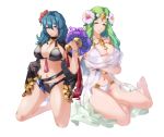  2girls barefoot bikini black_bikini blue_eyes blue_hair breasts byleth_(fire_emblem) byleth_(fire_emblem)_(female) cleavage closed_mouth conope dagger fire_emblem fire_emblem:_three_houses fire_emblem_heroes flower green_eyes green_hair hair_flower hair_ornament holding large_breasts long_hair multiple_girls rhea_(fire_emblem) sheath sheathed simple_background sitting smile swimsuit twitter_username weapon white_background 