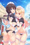  2girls :d adapted_costume ahoge ass ass_grab ass_visible_through_thighs bangs beach bikini black_ribbon blonde_hair blue_eyes blue_sky blush braid breasts brown_hair cloud cowboy_shot dan_(kumadan) day eyebrows_visible_through_hair fang fingerless_gloves frilled_bikini frills from_behind garters gloves gradient_hair groping hair_between_eyes hair_flaps hair_ornament hair_ribbon hairclip hand_on_ass highres kantai_collection leg_garter long_hair looking_at_viewer looking_back maid maid_bikini maid_headdress medium_breasts medium_hair multicolored_hair multiple_girls navel ocean open_mouth outdoors petals puffy_short_sleeves puffy_sleeves red_eyes red_neckwear remodel_(kantai_collection) ribbon sand shigure_(kantai_collection) short_sleeves shrug_(clothing) side-tie_bikini single_braid skindentation sky small_breasts smile standing straight_hair string string_bikini swimsuit thigh_strap thighs water yuudachi_(kantai_collection) 