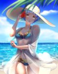  1girl absurdres barley_juice beach bikini blue_hair blue_sky breasts brown_eyes cleavage cloud day fire_emblem fire_emblem:_three_houses flower hair_flower hair_ornament hat highres marianne_von_edmund outdoors parted_lips see-through sky solo sun_hat swimsuit water 