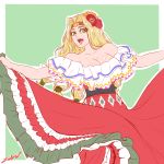  1girl :d alternate_costume bare_shoulders blonde_hair blush border brown_headband collarbone dancing dress dress_lift english_commentary fate/grand_order fate_(series) flower green_background green_eyes hair_flower hair_ornament ink_(medium) inktober long_hair looking_at_viewer mexican_dress open_mouth quetzalcoatl_(fate/grand_order) red_dress signature simple_background smile solo strapless strapless_dress traditional_media white_border zantyarz 