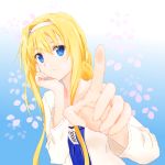  1girl alice_schuberg bangs blonde_hair blue_background blue_eyes blurry_foreground gradient gradient_background hair_between_eyes hair_intakes hairband head_rest long_hair long_sleeves looking_at_viewer no-ppo parted_lips shirt sidelocks solo sword_art_online upper_body very_long_hair white_background white_hairband white_shirt 