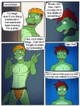  3:4 alligator alligatorid anthro brody_abel brother brothers clothed clothing comic crocodilian dialogue diego_abel duo english_text finger_gun fuze gesture headphones hi_res jockstrap male navel nipples reptile scalie sibling texnatsu text topless underwear underwear_only 