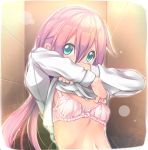  1girl aqua_eyes bangs blush bra commentary_request flat_chest gc3 hair_between_eyes kagamihara_nadeshiko lens_flare lifted_by_self long_hair long_sleeves looking_at_viewer navel pink_bra pink_hair shirt shirt_lift solo underwear undressing upper_body white_shirt yurucamp 