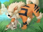  2020 4:3 ambiguous_gender arcanine black_body black_fur black_markings black_nose brown_body brown_fur canid canine captainskee cheek_tuft claws duo facial_tuft feral flower fur grass head_tuft licking looking_at_another lycanroc mammal mane markings midday_lycanroc nintendo orange_body orange_fur pink_inner_ear plant pok&eacute;mon pok&eacute;mon_(species) rock sharp_teeth size_difference spikes tan_body tan_fur tan_inner_ear teeth tongue tongue_out tuft video_games water waterfall 