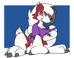  absurd_res ambiguous_gender anthro black_claws canid canine claws clothing fingers hair hi_res joltink lycanroc mammal midnight_lycanroc nintendo pok&eacute;mon pok&eacute;mon_(species) red_eyes sharp_teeth shirt sitting smile solo teeth toe_claws toes topwear video_games white_hair 