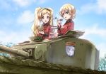  2girls :d bangs black_bow black_hairband blonde_hair blue_eyes blue_sky blush bow braid breasts buttons churchill_(tank) cloud commentary_request crossover cup darjeeling_(girls_und_panzer) day emblem emily_stewart epaulettes eyebrows_visible_through_hair food from_below girls_und_panzer ground_vehicle hair_between_eyes hair_bow hairband hand_up hands_up hatch holding holding_cup holding_saucer idolmaster idolmaster_million_live! jacket kuroi_mimei long_hair long_sleeves looking_at_another medium_breasts military military_uniform military_vehicle motor_vehicle multiple_girls open_mouth outdoors parted_bangs parted_lips purple_eyes red_jacket saucer short_hair sky smile snowing st._gloriana&#039;s_(emblem) st._gloriana&#039;s_military_uniform steam tank teacup tied_hair tiered_tray tray tree twintails uniform upper_body winter 