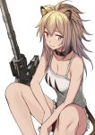  1girl animal_ears arknights axe breasts bright_pupils brown_eyes cleavage closed_mouth collar cutoffs light_brown_hair light_smile long_hair medium_breasts saiste short_shorts shorts sidelocks siege_(arknights) simple_background sitting smile solo tail tank_top white_background 