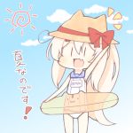  1girl :d animal_ears animal_hat arm_up armpits ayanami_(azur_lane) azur_lane bangs bare_arms bare_shoulders blue_sailor_collar blue_sky bow brown_headwear chibi cloud day fake_animal_ears hair_between_eyes hat hat_bow innertube innertube_with_ears light_brown_hair long_hair name_tag notice_lines old_school_swimsuit one-piece_swimsuit open_mouth outdoors ponytail red_bow sailor_collar sakurato_ototo_shizuku school_swimsuit sky smile solo sun_(symbol) sun_hat swimsuit translation_request transparent very_long_hair white_swimsuit 