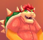  anonymous_artist anthro bowser clothing collar dress_shirt eyebrows hair hi_res koopa looking_at_viewer male mario_bros nintendo open_maw open_mouth red_hair reptile scalie shirt solo spiked_collar spikes teeth thick_eyebrows topwear video_games 