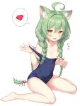  1girl :3 :d ahoge akashi_(azur_lane) animal_ear_fluff animal_ears azur_lane bandaid bandaids_on_nipples bangs bare_shoulders barefoot blue_swimsuit blush breasts cat_ears collarbone commentary_request covered_navel eyebrows_visible_through_hair full_body green_hair hair_between_eyes highres long_hair looking_at_viewer low-braided_long_hair mole mole_under_eye one-piece_swimsuit open_mouth pasties ruby_(gemstone) school_swimsuit sidelocks simple_background sitting small_breasts smile solo spoken_object strap_pull swimsuit very_long_hair wariza white_background yamasan yellow_eyes 