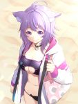  1girl ahoge animal_ears bag breasts cat_ears cleavage closed_mouth collar collarbone highres hololive jacket large_breasts mikan_(chipstar182) navel nekomata_okayu purple_eyes sand short_hair virtual_youtuber 