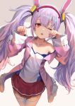  1girl ;o animal_ears azur_lane bangs breasts bunny_ears camisole clenched_hands collarbone commentary cowboy_shot eyebrows_visible_through_hair fake_animal_ears fur-trimmed_jacket fur_trim hair_between_eyes hair_ornament hairband highres jacket laffey_(azur_lane) long_hair long_sleeves looking_at_viewer off-shoulder_jacket one_eye_closed open_clothes open_jacket pink_jacket pleated_skirt rainmood red_eyes red_hairband red_skirt rubbing_eyes sidelocks simple_background single_bare_shoulder skirt small_breasts solo standing strap_slip thighhighs twintails very_long_hair w_arms white_camisole white_hair white_legwear zettai_ryouiki 