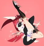  1girl bare_shoulders black_footwear blue_eyes breasts hair_over_one_eye hair_ribbon highres knife leg_up long_hair medium_breasts motion_lines mouth_hold original pink_background red_hair red_ribbon ribbon signature simple_background sleeveless solo sparkle umishima_senbon 