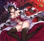  1girl bangs bare_shoulders black_hair black_legwear blush bonnet breasts cleavage collarbone elbow_gloves gloves highres ilya_(princess_connect!) large_breasts leotard long_hair looking_at_viewer lying navel on_back princess_connect! princess_connect!_re:dive red_eyes red_leotard skull smile thighhighs white_gloves yuemanhuaikong 