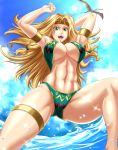  1girl abs absurdres armlet bikini blonde_hair blue_sky breasts brown_headband chin_piercing cloud day english_commentary fate/grand_order fate_(series) green_bikini green_eyes highres huge_filesize jumping lens_flare long_hair mixed-language_commentary navel ocean pterosaur quetzalcoatl_(fate/grand_order) quetzalcoatlus sky solo swimsuit thigh_strap underboob water zantyarz 