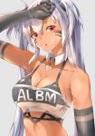  1girl :o alabama_(azur_lane) arm_on_head armpits azur_lane bangs bare_shoulders bikini black_bikini black_gloves blush body_markings bodypaint breasts cleavage clothes_writing collarbone commentary_request dark_skin detached_collar elbow_gloves eyebrows_visible_through_hair facepaint gloves grey_background hair_between_eyes jewelry large_breasts long_hair looking_at_viewer midriff native_american necklace noraneri red_eyes see-through sidelocks silver_hair simple_background solo standing strapless sweat swimsuit tubetop twintails upper_body wet wet_clothes white_tubetop 