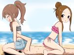  1boy 2girls :d bikini blush brown_eyes brown_hair buttjob camisole censored closed_eyes day femdom ffm_threesome frilled_bikini frills girl_on_top group_sex hair_bun heart heart_censor highres karakai_jouzu_no_takagi-san multiple_girls nishikata ocean open_mouth outdoors penis pink_bikini ponytail shishi_otome short_shorts shorts sitting sitting_on_face sitting_on_person smile straddling striped swimsuit takagawa_sumire takagi-san threesome 