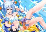  1girl :d abazu-red animal_ears bikini blue_hair bunny_ears eyebrows_visible_through_hair hololive holster innertube one_eye_closed open_mouth orange_eyes smile solo swimsuit thick_eyebrows usada_pekora virtual_youtuber water water_gun water_slide 