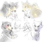  2020 beastars blush canid canine canis cheek_tuft deygira-blood facial_tuft feral feralized flower fur grey_body grey_fur haru_(beastars) lagomorph legoshi_(beastars) leporid mammal muzzle_(object) muzzled plant rabbit tuft wolf 