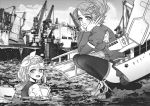  2girls anno88888 aquila_(kantai_collection) armpit_cutout bangs cloud eyebrows_visible_through_hair greyscale hairband high_ponytail highres jacket kantai_collection long_sleeves luigi_torelli_(kantai_collection) monochrome multiple_girls open_mouth outdoors partially_submerged ponytail rigging short_hair skirt sky squatting swimsuit thighhighs water wet 